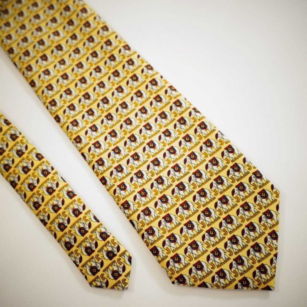 Rene Chagal Handmade‎ Elephant Print Yelow Wide Silk Tie